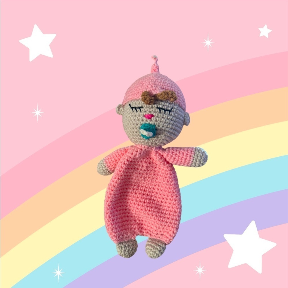 Handmade Crochet sleeping Baby girl Doll with pacifier.